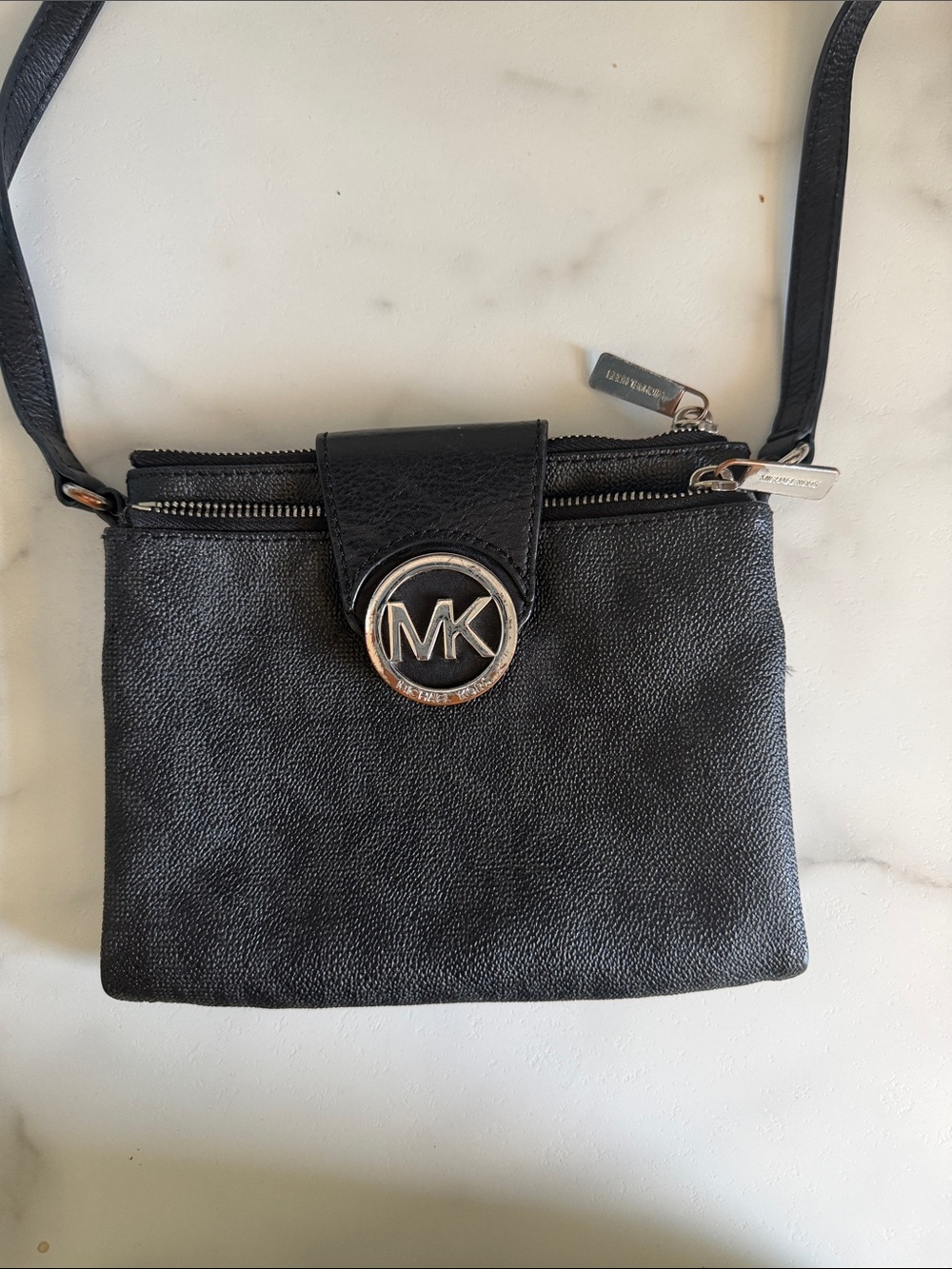 Michael Kors Black Leather Crossbody with Silver MK Emblem